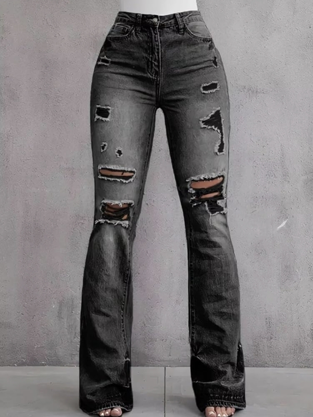 High-Rise Distressed Flare Jeans - Black - Picture 1 of 15